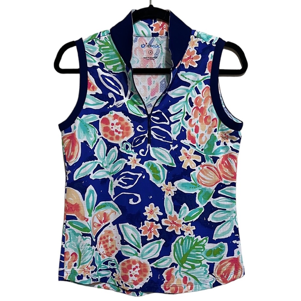 IBKUL Zip Mock Sleeveless Polo Women Small Tutti Navy Multi Golf Outdoor Top